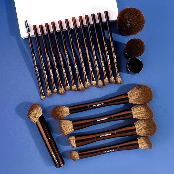 MAANGE 20 PCS Foundation Makeup Brush Set, Double-ended Kabuki Brush Contour for Liquid Powder Concealer Cream Blending Blush Makeup Tools (Brown)