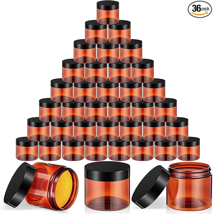 SATINIOR 36 Pieces 4 oz Plastic Jars with Lids Wide Mouth Airtight Reusable Container Acrylic Cosmetic Small Jars for Lotions Ointments Travel Toiletries Creams Make up Storage(Amber)
