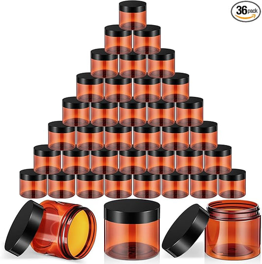 SATINIOR 36 Pieces 4 oz Plastic Jars with Lids Wide Mouth Airtight Reusable Container Acrylic Cosmetic Small Jars for Lotions Ointments Travel Toiletries Creams Make up Storage(Amber)