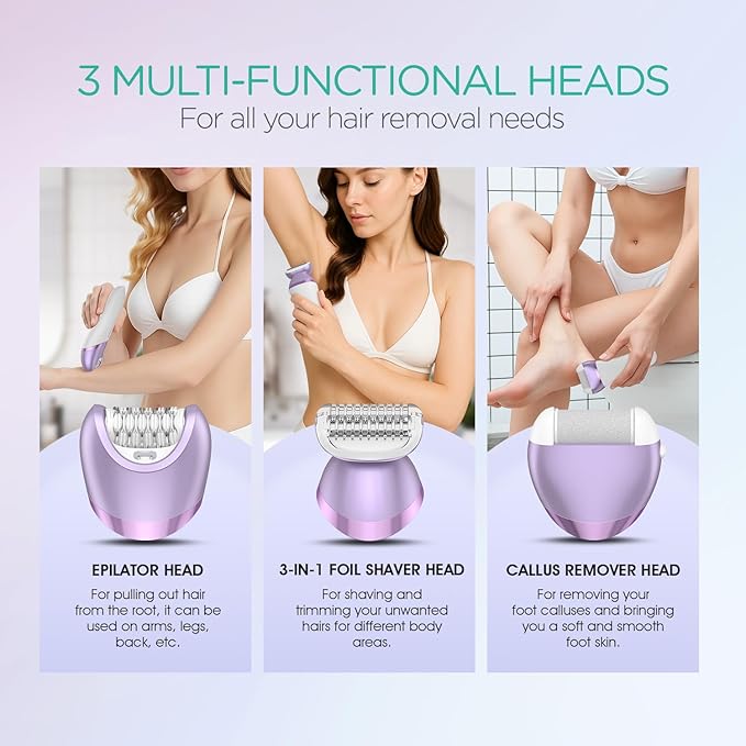 VOYOR Epilator for Women, Cordless Epilators Hair Removal for Women, 3 in 1 Hair Removal Device for Leg Arm Face with 30 Tweezers, Rechargeable Wet & Dry Electric Lady Shaver & Trimmer BM300 (Purple)