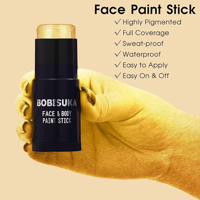 BOBISUKA Gold Face Paint Stick, Waterproof Metallic Golden Full Body Paint Sticks, Blendable Painting Kit for Halloween Makeup SFX Cosplay Special Effects Fancy Parties Cosplay Costume Stage