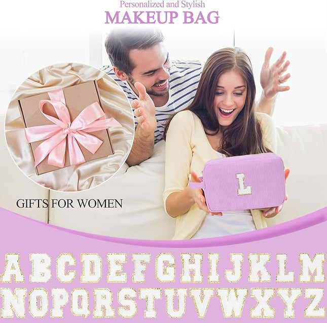 Personalized Initial Makeup Bag Trendy Stuff Corduroy Cosmetic Bag Travel Toiletry Bag, Valentine’s Day Gift Makeup Organizer Case & Makeup Pouch for Women teen Girls Mom Girlfriend Wife
