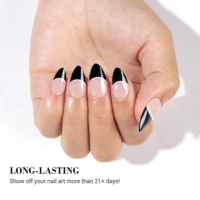 MelodySusie Semi Cured Gel Nail Strips (Micro Black French Tip), Works with Nail Lamp, Salon Quality, Long Lasting, Easy to Apply and Remove, Includes 20Pcs, 2 Prep Pads, Nail File and Wooden Stick