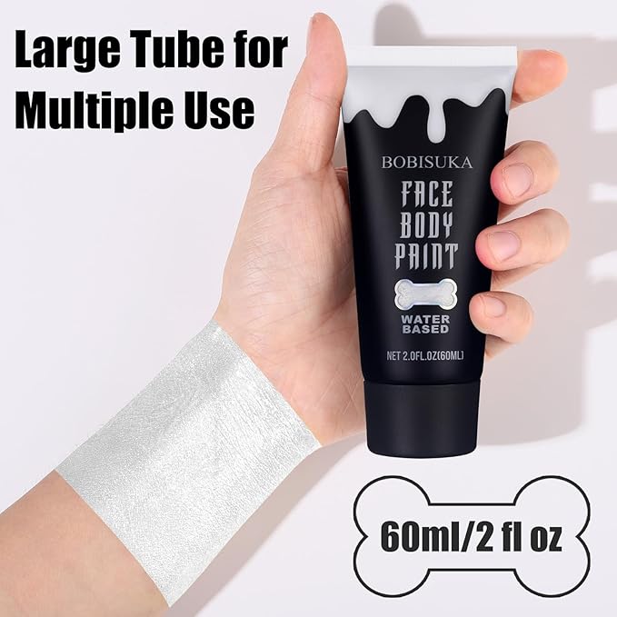 BOBISUKA Silver Face Body Paint, Water Based Face Painting for Art Theater Halloween Party Cosplay Clown SFX Makeup for Women Adults, Non-Toxic Washable