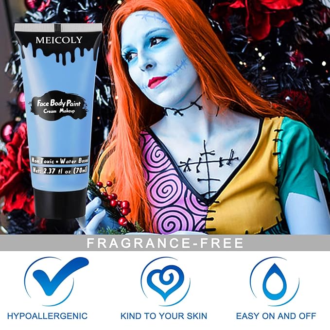 MEICOLY Light Blue Face Body Paint,Pale Baby Blue Face Paint Sadness for Halloween Corpse Bride Avatar Smurf Sally Cosplay Makeup,2.37Oz Large Tube Washable Body Paint for Adult and Kids