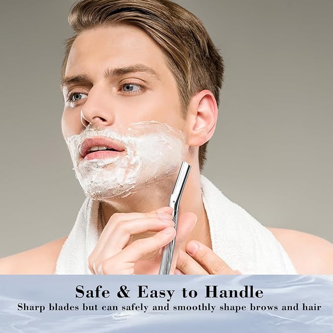 Eyebrow Razor, Face Razors for Women and Men, Reusable Metal Handle with 6 Refill Blades, Eyebrow Trimmer with Precision Cover, Dermaplane Razor, Skin Care Tool - Shiny Silver
