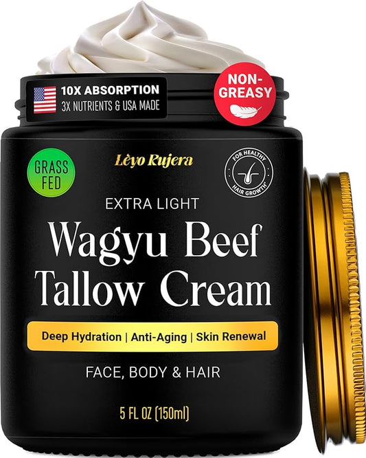 Non-Greasy Beef Tallow for Face Moisturizer Cream 5OZ Shea Butter, Vitamin E, Whipped Grass Fed Beef Tallow for Skin, Body, Hair, Lotion for Women & Men, Anti-Aging Face Moisturizer