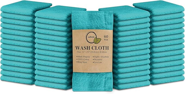 Softolle 100% Cotton Washcloths 60 Pack (12x12 Inches) Soft, Highly Absorbent Washcloth, Face Towels, Wash Cloths for Face, Ring Spun, Bulk Pack (Turquoise)