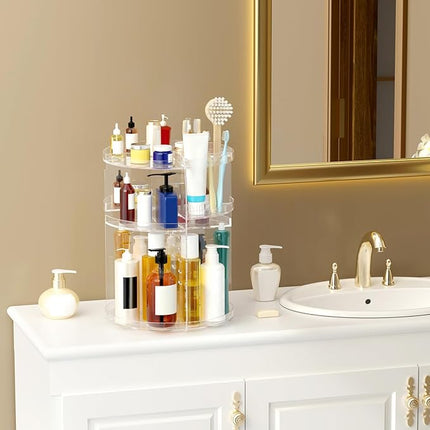 Makeup Organizer 360 rotating, Adjustable Skincare Organizer with Brush Holder, Cosmetics Display Cases for Vanity Bathroom Countertop Large Capacity Carousel Make up Caddy Shelf (Transparent)
