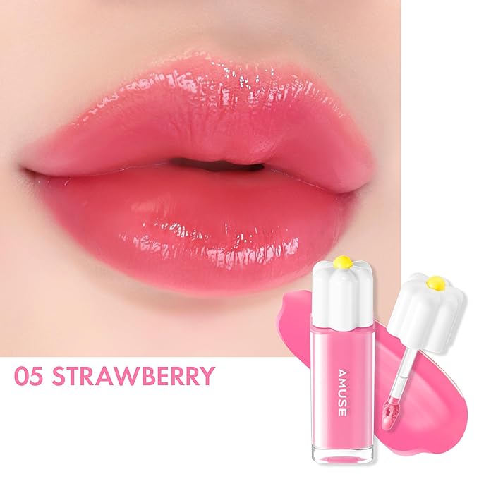 Amuse SEOUL Daisy Flower Dew Tint 05 STRAWBERRY | 35% High-moisture Water Tint, Long-lasting, Vitamin E Acetate, Moisturizing, No Peel Off, Lip Treatment, Non Sticky, Korean Lip Tint for Dry Lips