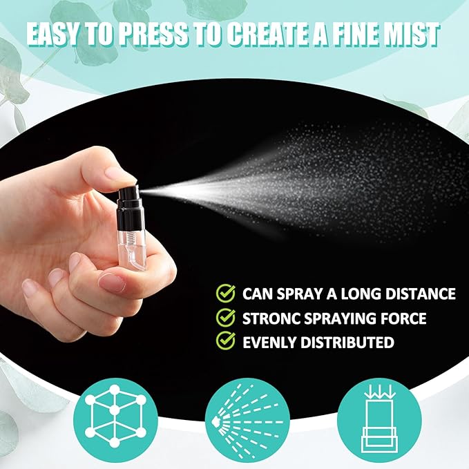 Zhehao 50 Pcs Mini Spray Bottles 2 ml Clear Glass Perfume Bottles Refillable Fine Mist Perfume Atomizer Portable Empty Sample Containers for Cleaning, Essential Oils, Travel (Black Cap)