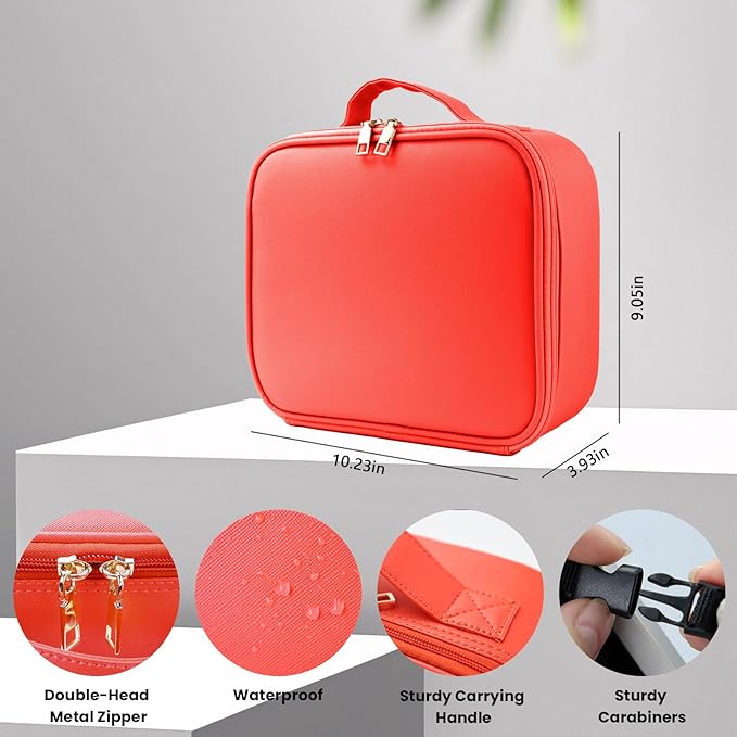 Travel Makeup Bag with LED Mirror and Light Travel Makeup Case Cosmetic Organizer Portable Cosmetic Brush Organizer Bag with Adjustable Dividers for Cosmetics Makeup Brushes Toiletry (Red)