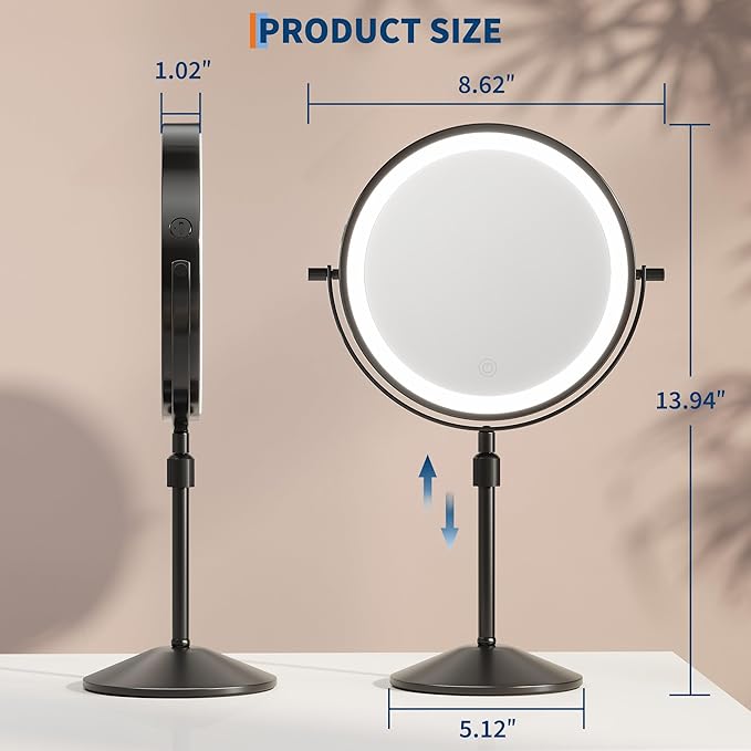 Garvee Lighted Makeup Mirror, Rechargeable Height Adjustable Double Sided Vanity Mirror, 1x/10x True HD Magnifying, Brightness Adjustable, Three Colors, 360° Rotation Vanity, Gift for Women, Black