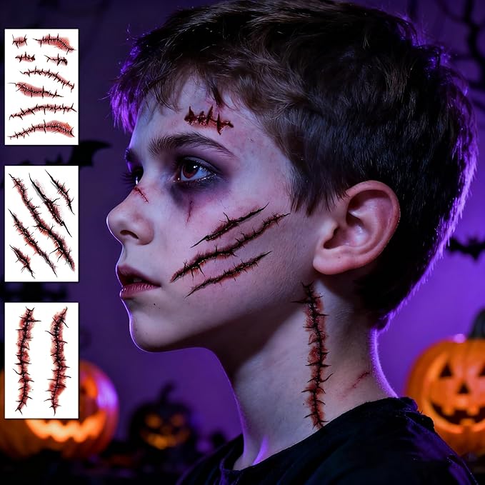 JCFIRE 12 Sheets Body Face Fake Scar Halloween Makeup Kit, Halloween Temporary Tattoos for Kids Adults, Zombie Costume Women Kids Stickers, Party Decorations Supplies Accessories