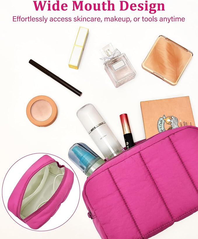 oscaurt 2 Pcs Makeup Bag Travel Toiletry Bag for Women Puffy Padded Cosmetic Pouch Purse Wide-open Makeup Organizer Case Travel Essentials