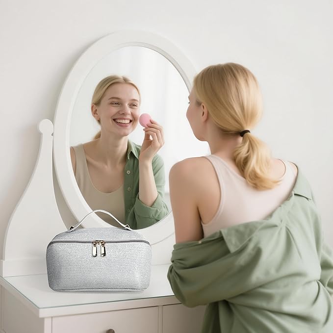 Makeup Bag for Women Travel Cosmetic Bag Toiletry Oraganizer Case Bag Travel Essentials Portable Pouch with Waterproof Large Capacity PU Leather Lining