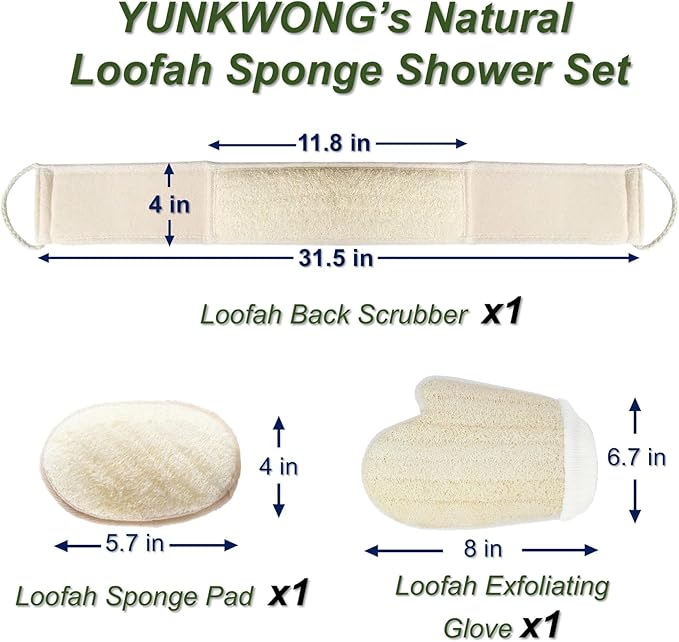 Natural Loofah Sponge, Exfoliating Body Scrubber for Men Women, Loofah with Handle, Exfoliating Back Scrubber for Shower Set, Deeply Clean & Invigorate Your Skin (3 pcs in Box)