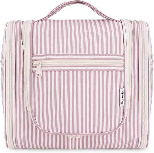 Narwey Striped Hanging Travel Toiletry Bag for Women, Travel Bag for Toiletries, Makeup Bag Organizer Cosmetic Bags Make Up Bags for Women (Dusty Rose Stripe)