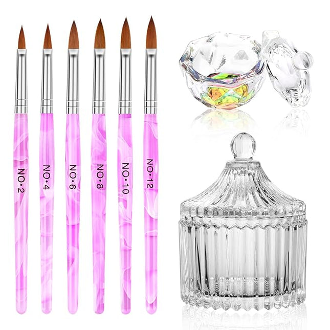 Acrylic Nail Brush Dappen Dish Set - 6Pcs Acrylic Nail Brush and 2Pcs Crystal Dappen Dish with Lid for Acrylics Nails, Monomer Dishs Nail Glass Cup Nail Art Brushs Set for Acrylics Nails Liquid Powder