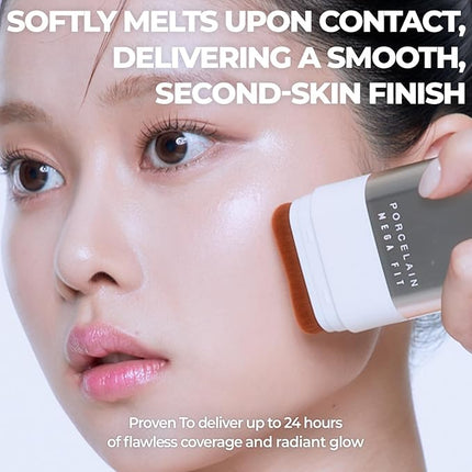 Mega Fit Stick Foundation with Built-in Brush-Full Coverage Creamy Formula for Porcelain Skin Finish, Hydrating&Long Lasting, Master Porcelain, Shade 19-21,0.56 oz (00C Fair)