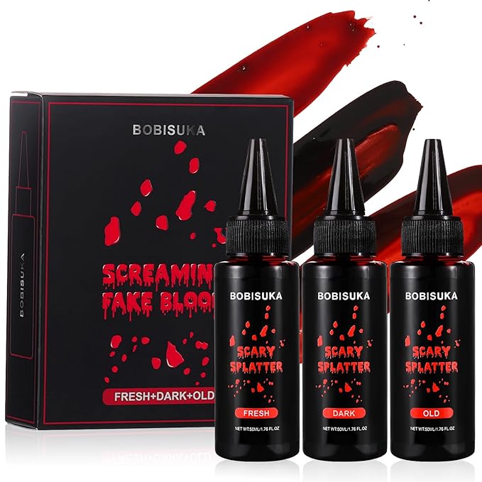 BOBISUKA 3PCS Halloween Fake Blood Kit, Fresh/Dark/Old Washable Realistic Liquid Dripping Stage Blood for SFX Makeup, Cosplay, Party, Horror Film