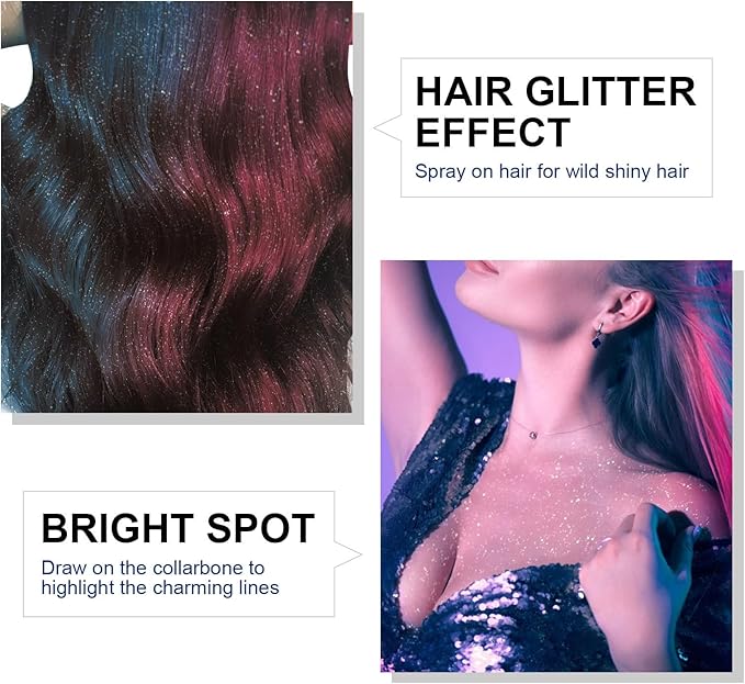 2 Pcs Body Glitter Spray, Perfect Body Shimmer Glitter Spray for Music Festival Stage Makeup and Festival Rave Hair and Face Glitter Highlighter Makeup.