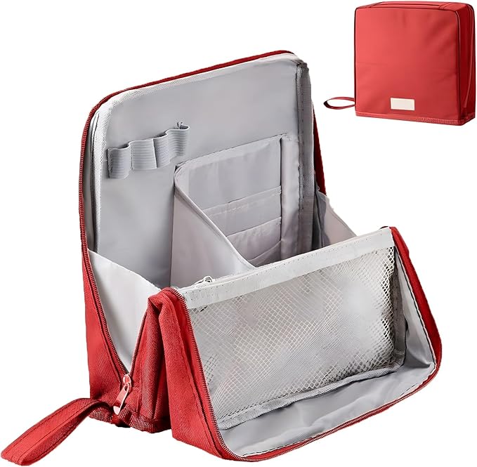 Makeup Bag,Standing Makeup Bag – Portable,Large Capacity Multi-purpose Large Capacity Oxford Cloth Standing Makeupbag Portable, Aterproof,Compartments and Handle (Red)