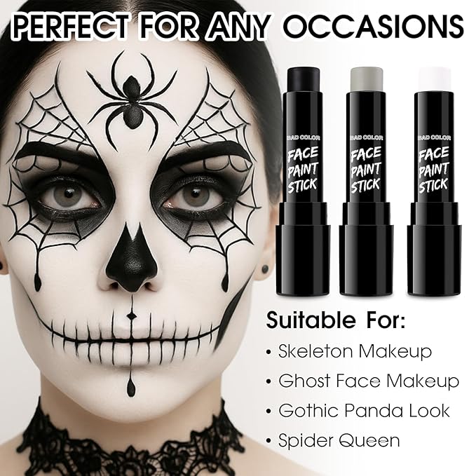 BAD COLOR 3PCS Black White Grey Face Body Paint Stick Makeup for Skull Skeleton Goth Mime SFX Cosplay & Dress Up, Full-Coverage Halloween Facepaint Makeup Kit
