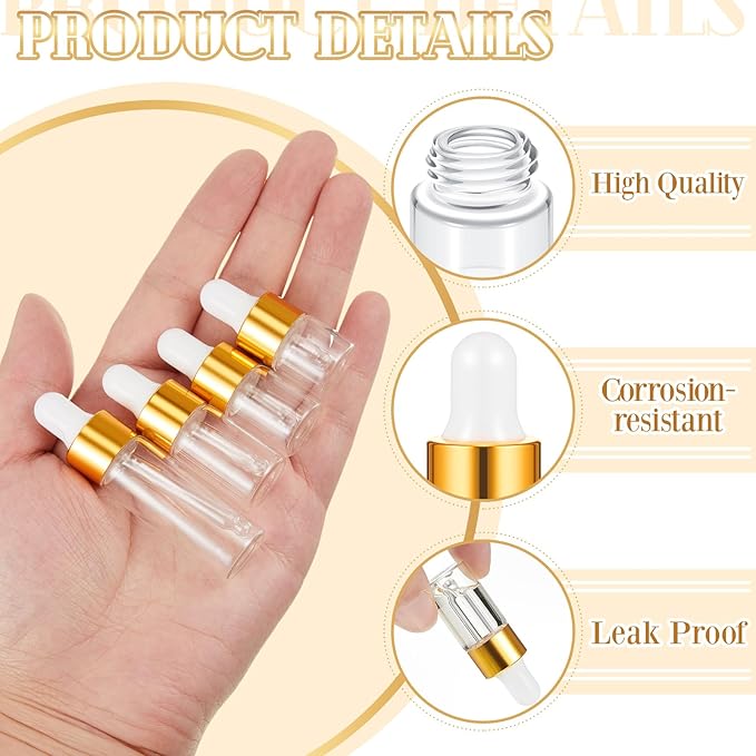 100 Pcs Mini Glass Oil Dropper Bottle Bulk, Clear Essential Small Empty Bottles Sample Containers Perfume Liquid Vials with Cap for Traveling (1ml,2ml,3ml,5ml,Gold)