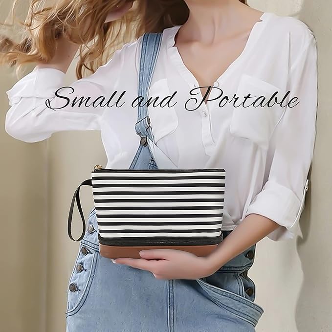 Ethereal Small Makeup Bag for Purse, Stripe Makeup Brush Organizer Bag Travel Make up Bags for Women Double Layer Makeup Pouch for Girls/Women