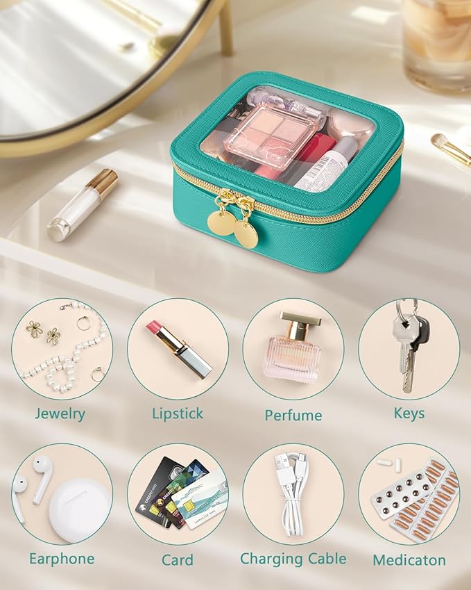 Mini Makeup Bag, Small Makeup Bag for Purse, Waterproof Clear Makeup bag, Leather Cosmetic Bag, Square Make Up Bag Pouch, Toiletry Bag for Travel, Car and Women, Green