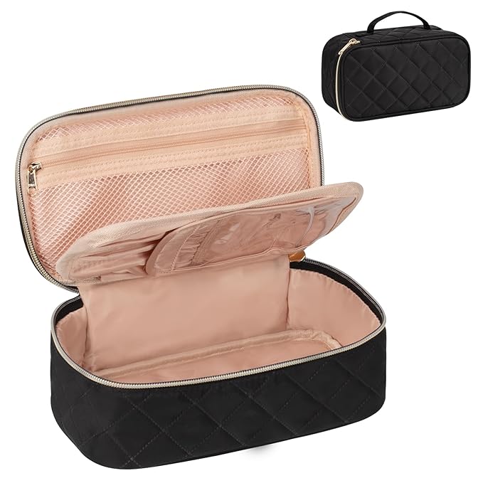 OCHEAL Small Makeup Bag,Portable Cute Travel Makeup Bag Pouch for Women Girls Makeup Brush Organizer Cosmetics Bags with Compartment-Rhombus Black