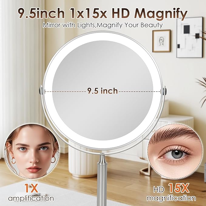 VESAUR 15X Magnifying Mirror with Light, 9.5 Large 5000mAh Rechargeable Double Sided HD Lighted Makeup Mirror with 3 Touch Dimmable Light, 360° Swivel Detachable for Travel Vanity Mirror Nickel, Gifts