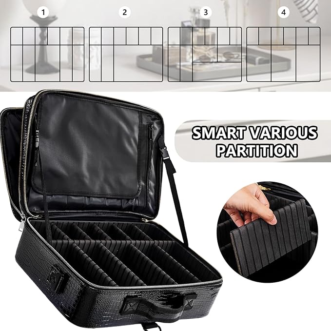 gzcz Travel Makeup Case 16" Large Cosmetic Bag Organizer Professional Portable PU Leather Makeup Storage Case Artist Box with Adiustable Dividers & Strap (L-Crocodile Pattern)