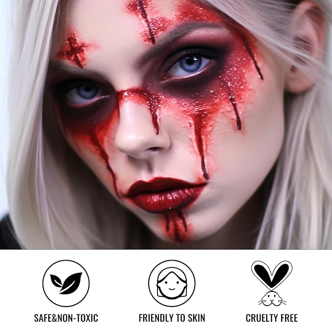 6PCS Halloween Makeup Set Includes Fake Blood, Black White Red Face Body Paint, Vampire Teeth Fang and Stipple Sponge for Costumes, Cosplay, Dress-Up