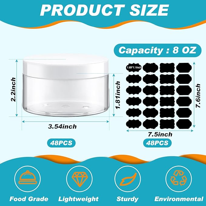 Uiifan 48 Pcs 8 oz Plastic Jars with Lids &labels, Empty Refillable Cosmetic Leak Proof Containers for Cream Body Butters Powder Ointment Lip Scrub(Clear)