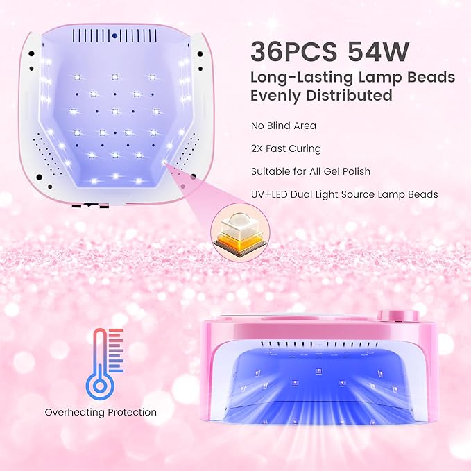 Lavinda 54W UV LED Nail Lamp, Professional UV Light for Gel Nails Rechargeable Cordless Nail Dryer with 4 Timer Settings & Auto Sensor, Fast Curing Gel Light for Home and Salon Use Diamond Dust Design