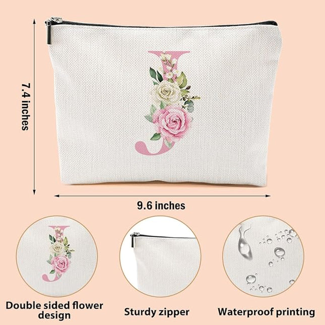 Pink Monogram Makeup Bag, Initial J, Cosmetic Bag Personalized Travel Organizer Bags Makeup Pouch, Monogrammed Gifts for Women Girls Friend Sisters Girlfriend Bridesmaid Wedding Bridal Shower Gifts