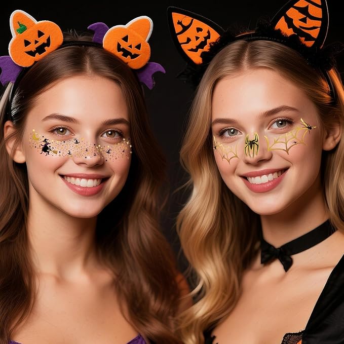 Glitters Halloween Freckle Temporary Tattoos, Metallic Face Makeup Patches Gothic Punk Sparkle Patches, Spider Web Bat Stickers Tattoo for Adult Kids Tattoo Masquerade Party Supplies, 12 Sheets