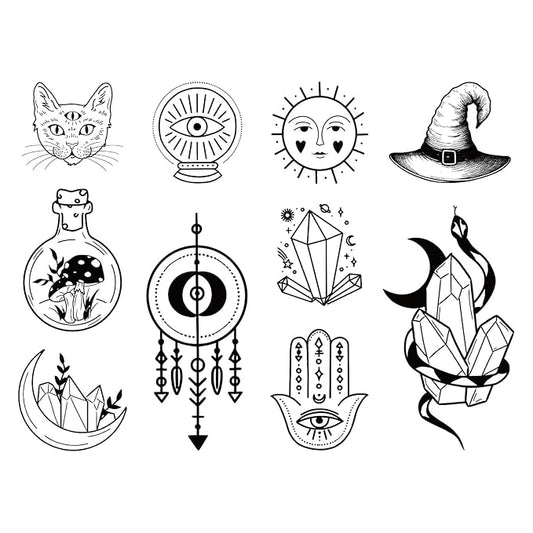 Witchy Temporary Tattoos – Spiritual Crystal, Moon, Cat, Third Eye & Dreamcatcher Fake Tattoos for Women, Healing Boho Body Art, Lasts Up to 2 Weeks