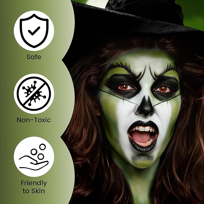 Ogre Green White Black Oil Based Face Paint Kit with Painting Brushes, Professional Greasepaint Halloween Face Painting Kit for Adult Cosplay Shrek Hulk Witch Grinch Carnival & Costume Party