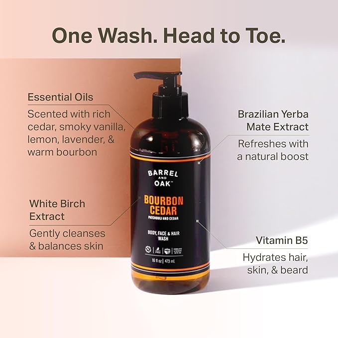 Barrel & Oak All-in-One Wash for Face, Hair, & Body, Vegan & Hydrating Face, Shampoo and Body Wash for Men, Grooming Kit Gifts for Men, Bourbon Cedar, 16 oz