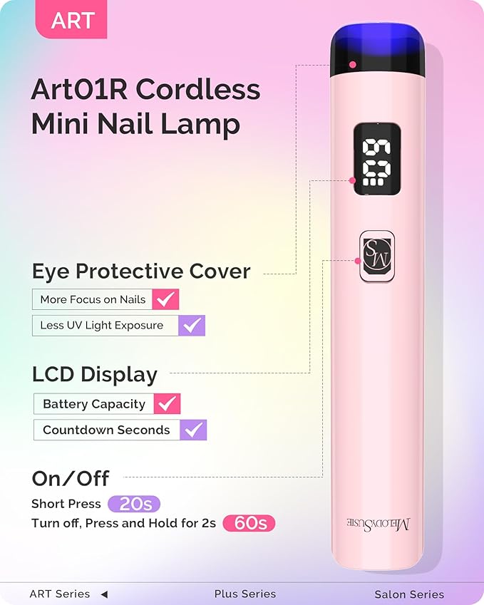 MelodySusie Handheld UV Light for Gel Nails and Nail Rhinestone Glue, ART01R Cordless Gel X Nail Lamp Rechargeable with LCD Display Flash Cure Nail Dryer for Nail Art Design Decoration DIY at Home