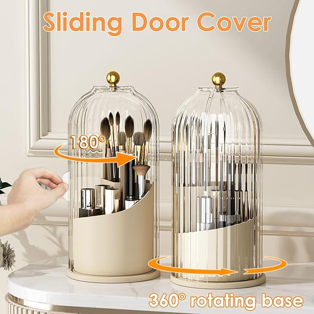 Makeup Brush Holder with Lid 360 Rotating Clear Dustproof Make Up Organizers for Vanity Bathroom Countertop, White Beige