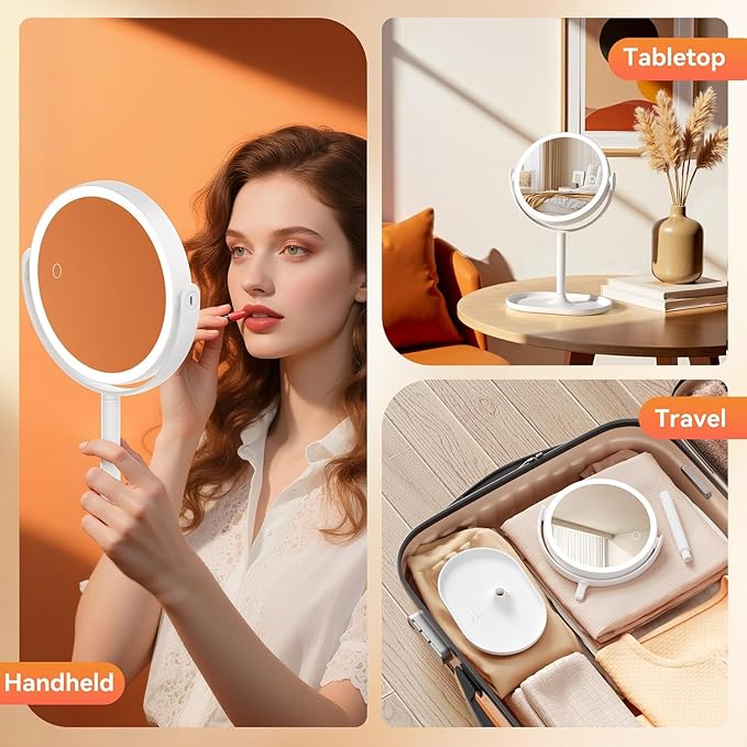 Makeup Mirror with Lights, Double Sided 30X/1X Magnifying Mirror with Light, 3 Color Stepless Dimmable with Touch Screen, Rechargeable 360° Free Standing Vanity Mirrors for Bathroom, Bedroom