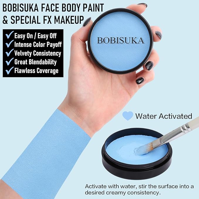 BOBISUKA Light Blue Face Body Paint, Water-Based Face Painting Kit & Body Paints, Kids Adults Facepaint for Halloween Sally Avatar Corpse Bride Smurf SFX Makeup, Costume Cosplay Party Theater & Stage
