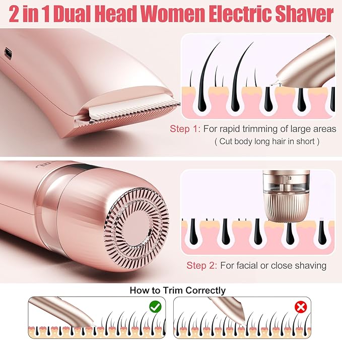 Bikini Trimmer for Women 2 in 1, Dual Head Womens Electric Shaver, Electric Razors for Pubic Hair, IPX7 Waterproof Rechargeable Facial Hair Removal for Shaving Underarm Leg Arm Body Face, Rose Gold
