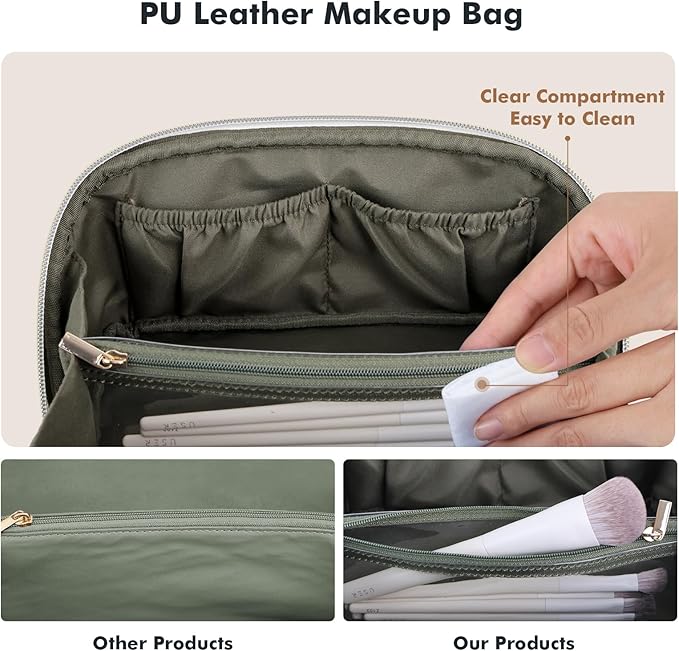 Prite Travel Cosmetic Bag Makeup Organizer Bag For Women Large Capacity Waterproof PU Leather Toiletry Bag with Handle and Clear Divider(Green Flower)