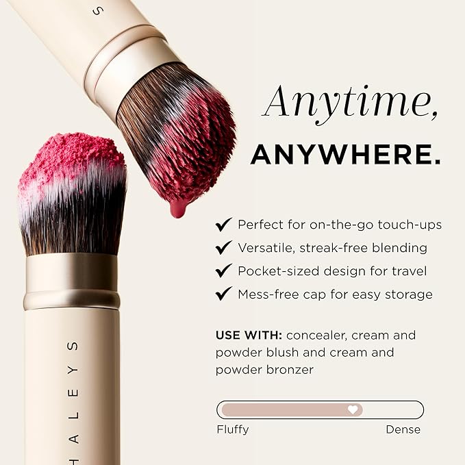 HALEYS Retractable Face Brush, VEGAN Dense, Angled Bristles & Adjustable Sleeve, Portable Makeup Brush for Quick, Easy Streak-Free Blending of Liquids, Creams, Powders, Travel-friendly Mess-Free Cap