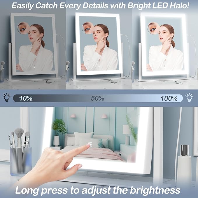 Lighted Makeup Mirror, 17.2"x13.6" Hollywood Vanity Mirror with Lights, Three Color Modes, Smart Touch Control, 360°Rotation,with 5X Magnifying Glass